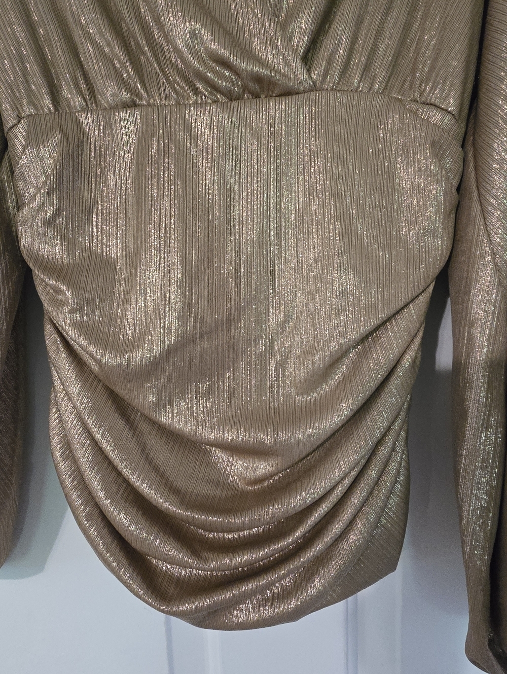 Express Metallic Gold Surplice Ruched Long-Sleeve Blouse - Picture 3 of 4